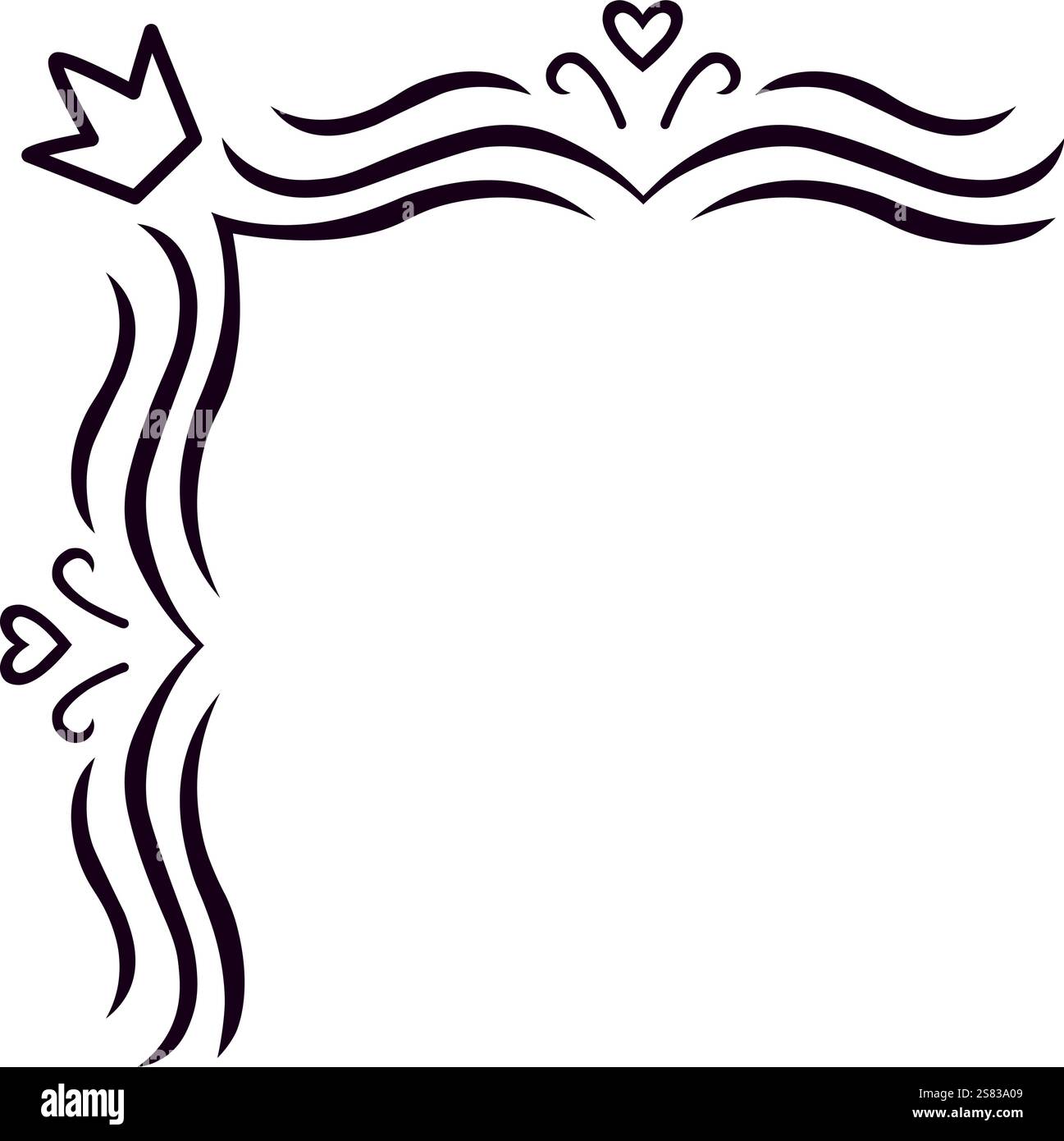 Cadre d'angle dessiné à la main avec une couronne, des coeurs et des motifs de vagues, offrant un espace élégant et personnalisable pour le texte ou les éléments de conception Illustration de Vecteur