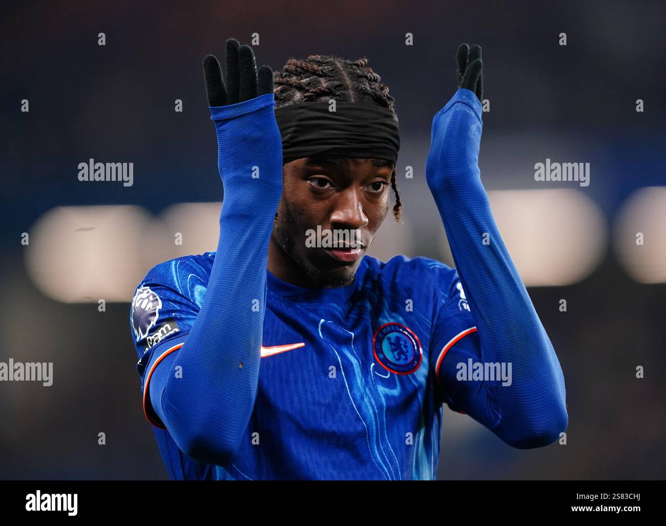 Noni Madueke de Chelsea réagit lors du match de premier League à Stamford Bridge, Londres. Date de la photo : lundi 20 janvier 2025. Banque D'Images