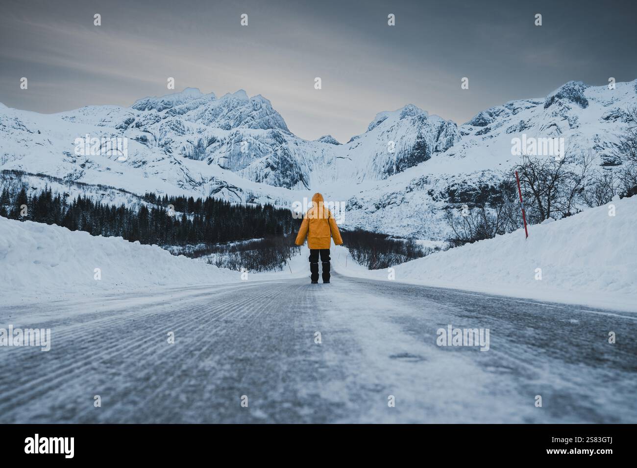 Paysage arctique hivernal pittoresque avec des sentiers de voiture dans Frozen Road menant aux pics de Snowy Mountain et personne sur le chemin de l'ascension. Lofoten, Norvège Banque D'Images