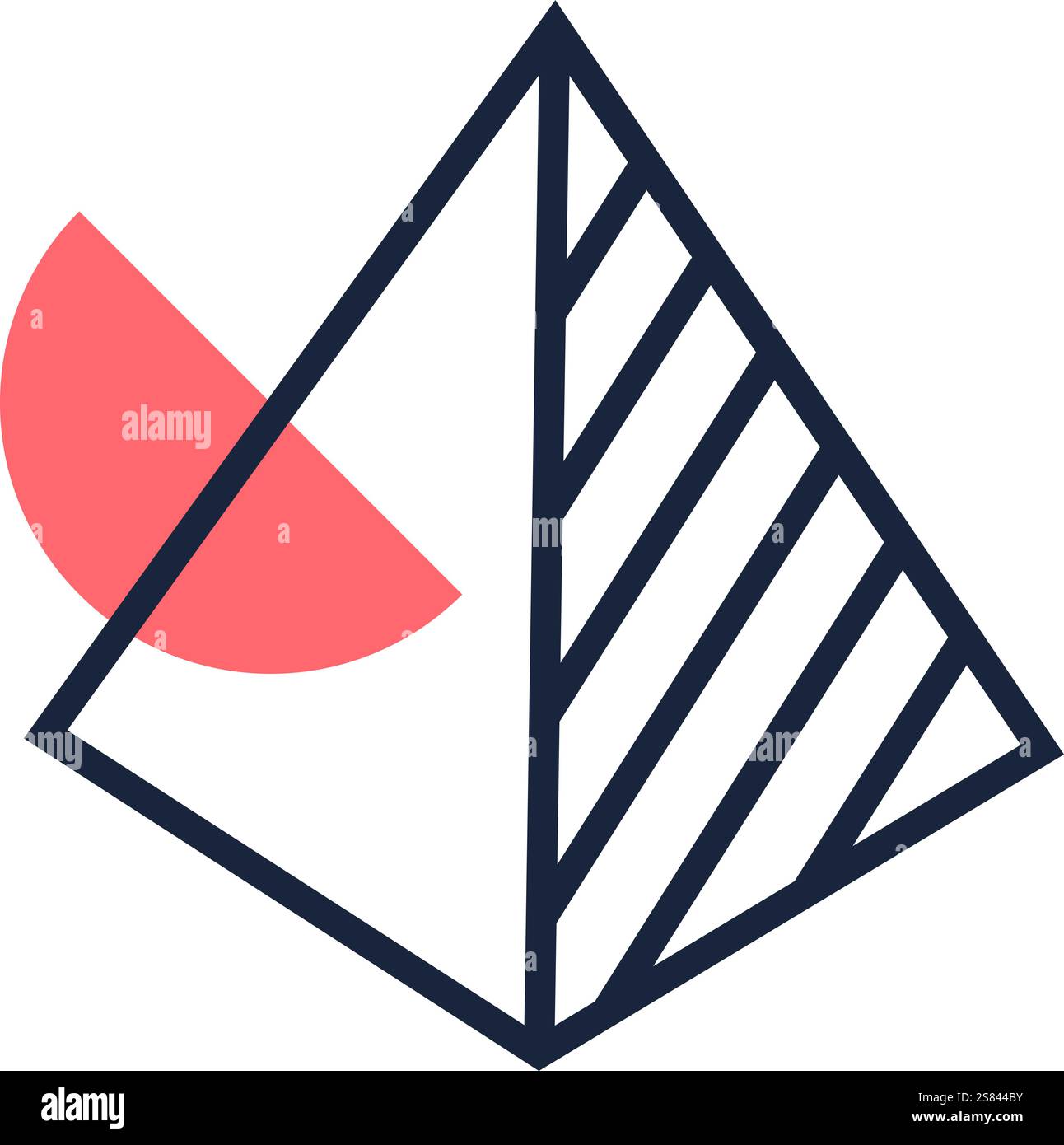 Composition géométrique abstraite avec une pyramide rayée croisant un demi-cercle, créant un design visuellement frappant avec des formes contrastées et Illustration de Vecteur