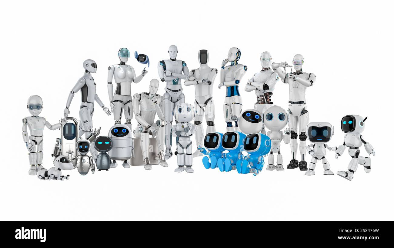 groupe de rendu 3d de robots assistants ou ai cyborgs avec divers dessins sur fond blanc Banque D'Images
