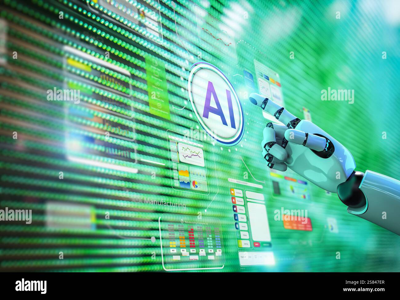 Technologie IA avec robot humanoïde de rendu 3D avec interface graphique hud Banque D'Images