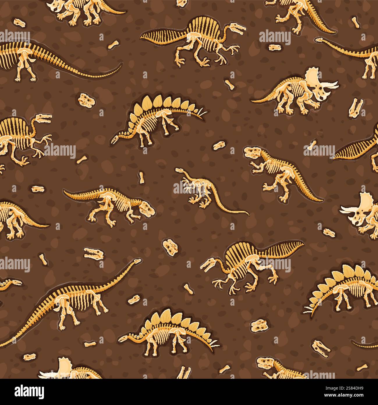 Fossiles de dinosaures motif sans couture. Motif de papier d'emballage avec squelettes de dinosaures préhistoriques. Tissu imprimé sans couture avec chasmosaurus, lexovisaurus, oxalaia et tyrannosaure, fossiles de brachiosaurus Illustration de Vecteur