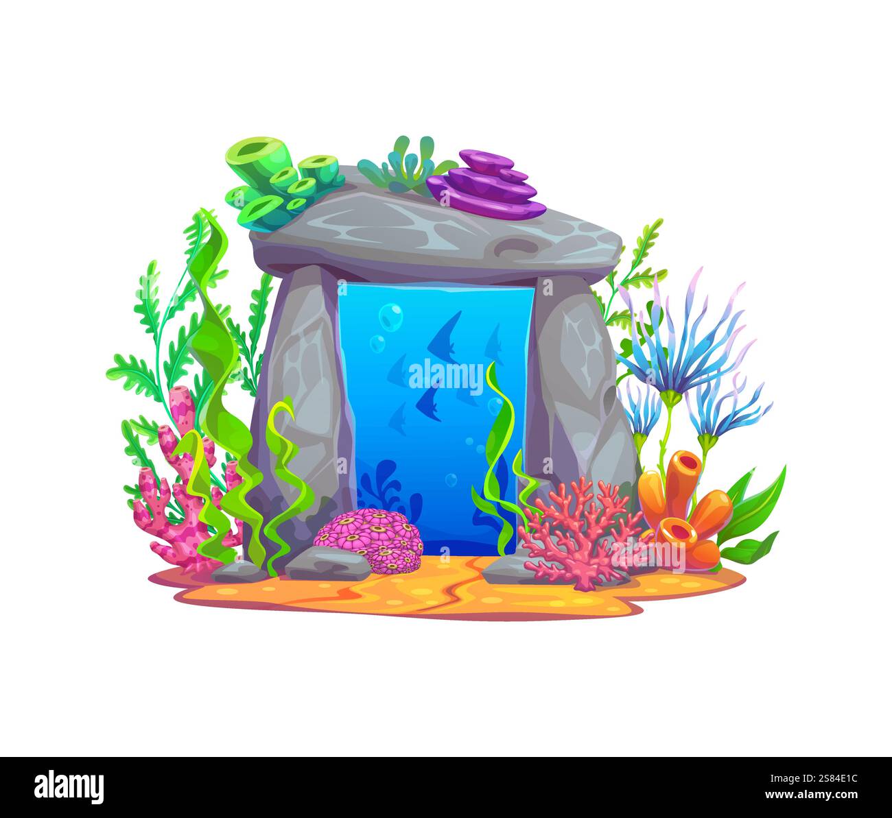Porte de portail magique de jeu de fantaisie sous-marin dans l'eau de mer, élément de dessin animé vectoriel. Porte de portail sous-marine dans l'arc de porte en pierre ou la grotte de roche de récif corallien avec des poissons et des algues pour porte de portail ou actif de jeu Illustration de Vecteur