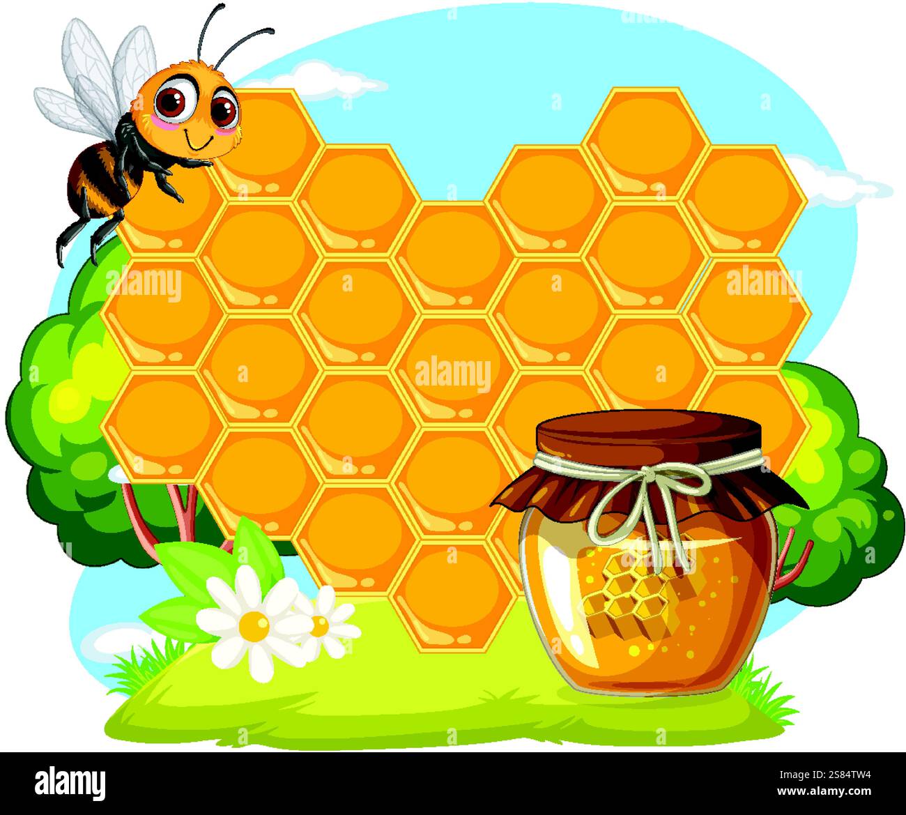 Une abeille près de nid d'abeille et pot de miel à l'extérieur Illustration de Vecteur
