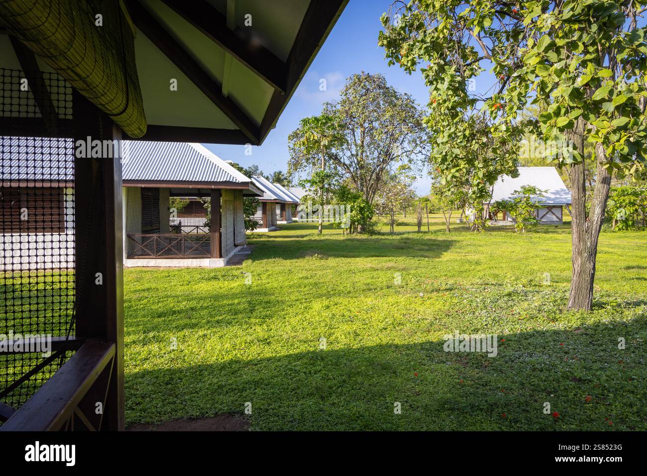 Chalets, hébergement sur Bird Island, Seychelles Banque D'Images