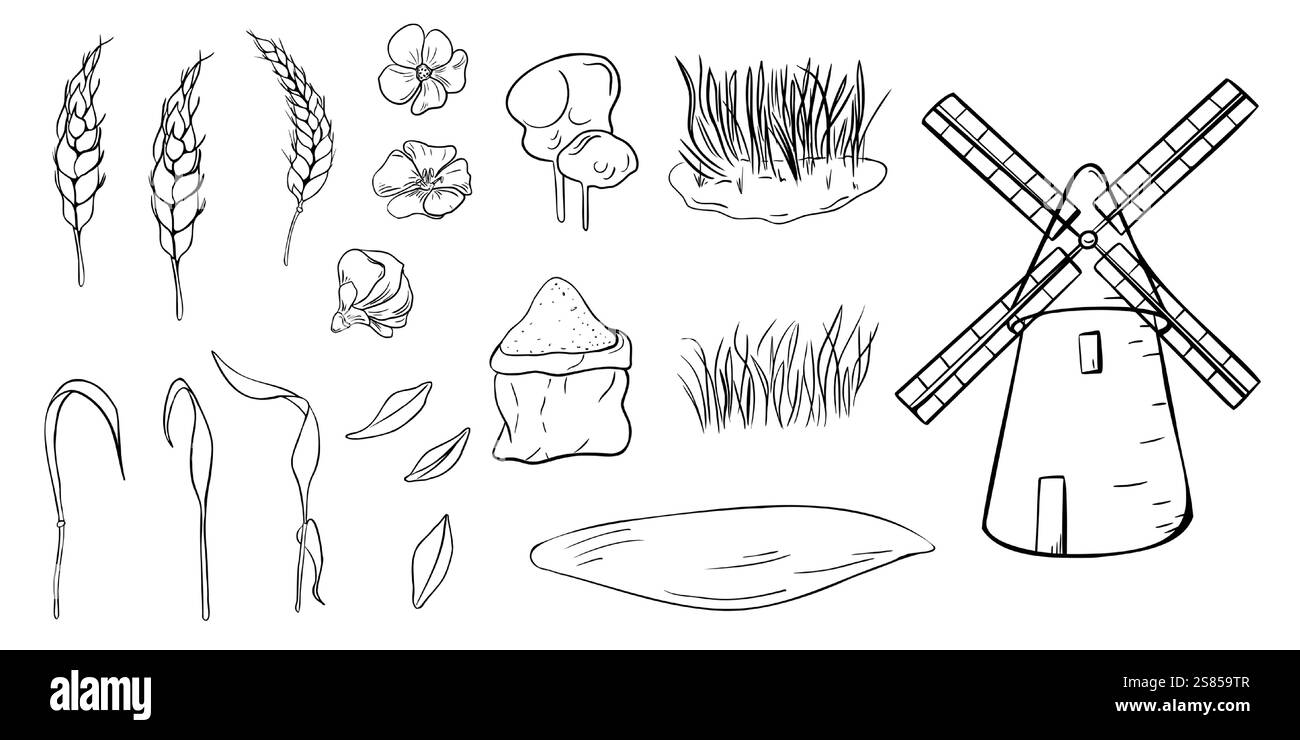 Épis de blé, lin, moulin à vent, herbe, sac de farine, et grains dessinés à la main vecteur noir blanc isolé. Ensemble d'illustrations de ligne pour la conception sur les thèmes de Illustration de Vecteur