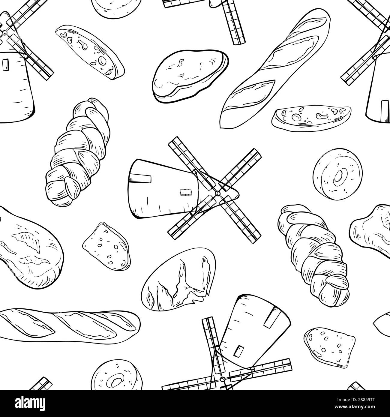 Moulin à vent, assorti pain noir blanc vecteur modèle sans couture. Pain de pain, challah, seigle rustique rond, ciabatta et petits pains en ligne Produits de boulangerie sur Illustration de Vecteur