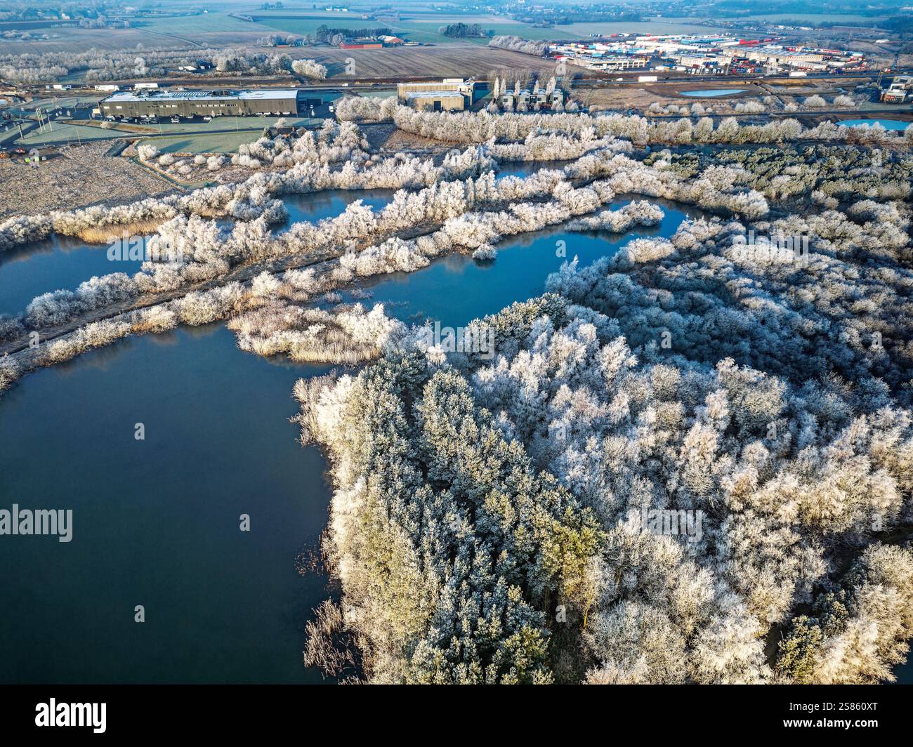 Une belle vue à vol d'oiseau représentant un paysage hivernal glacial avec des arbres enneigés le long d'un chemin de terre entouré de lacs gelés, mettant l'accent sur natu Banque D'Images