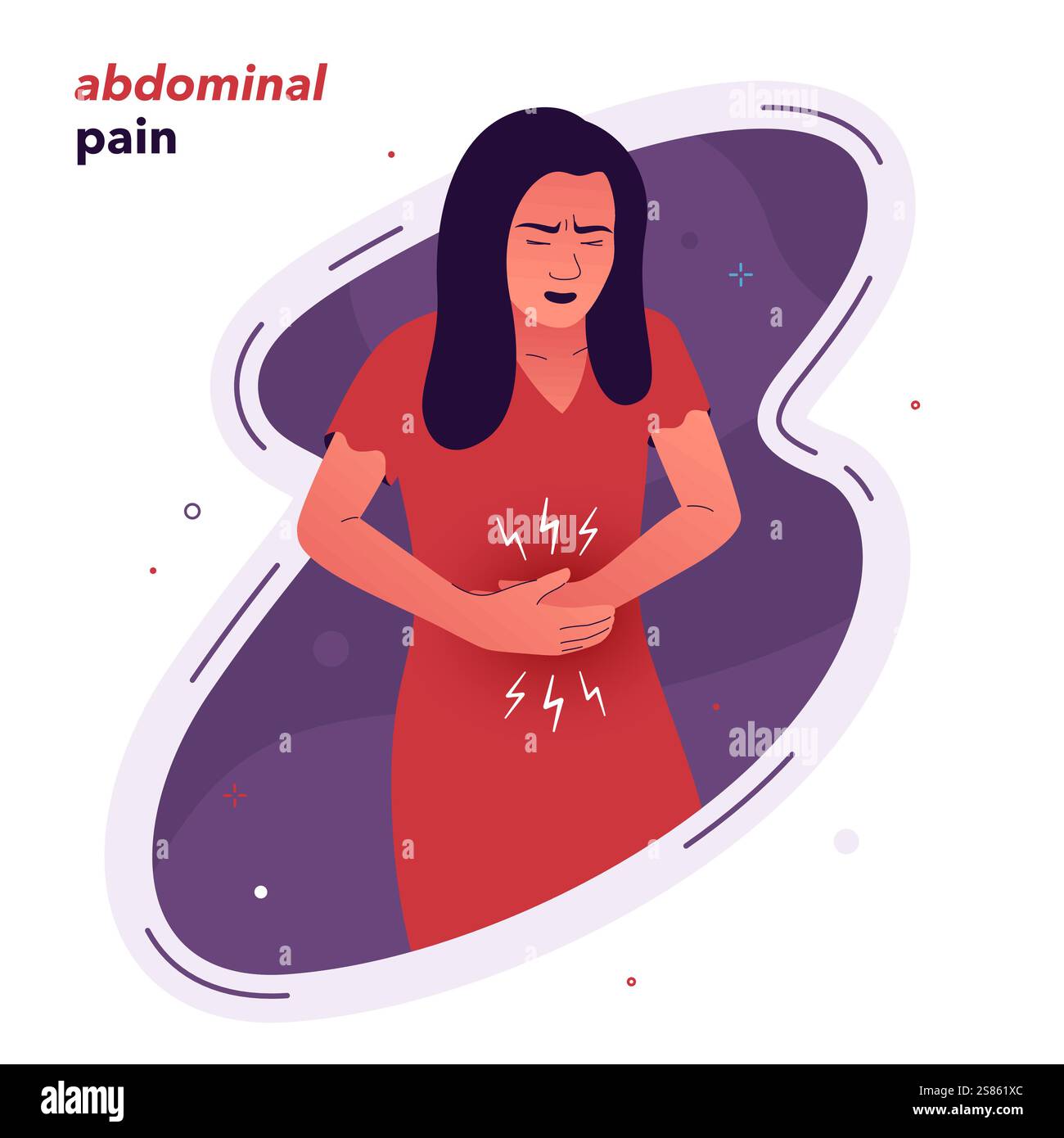 illustration vectorielle d'une fille qui éprouve des douleurs à l'estomac. La fille a mal au ventre. Symptômes d'empoisonnement, gastrite, gastro-entérite Illustration de Vecteur