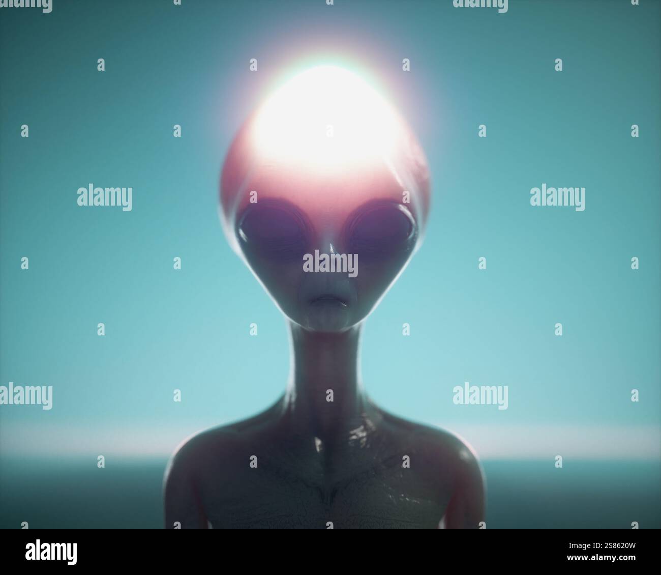 Tête extraterrestre brillante. Concept inconnu et UFO. Il s'agit d'une illustration de rendu 3D. Banque D'Images