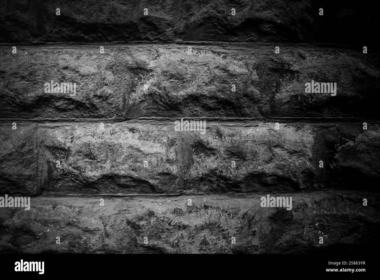 Mur en pierre texturé affichant des motifs naturels en photographie noir et blanc Banque D'Images