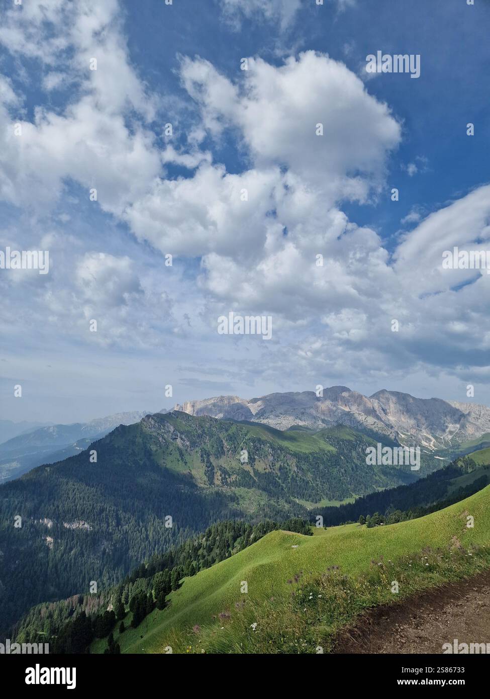 Dolomites italiennes, vallée de montagne, collines verdoyantes et forêts denses sous un ciel partiellement nuageux Banque D'Images