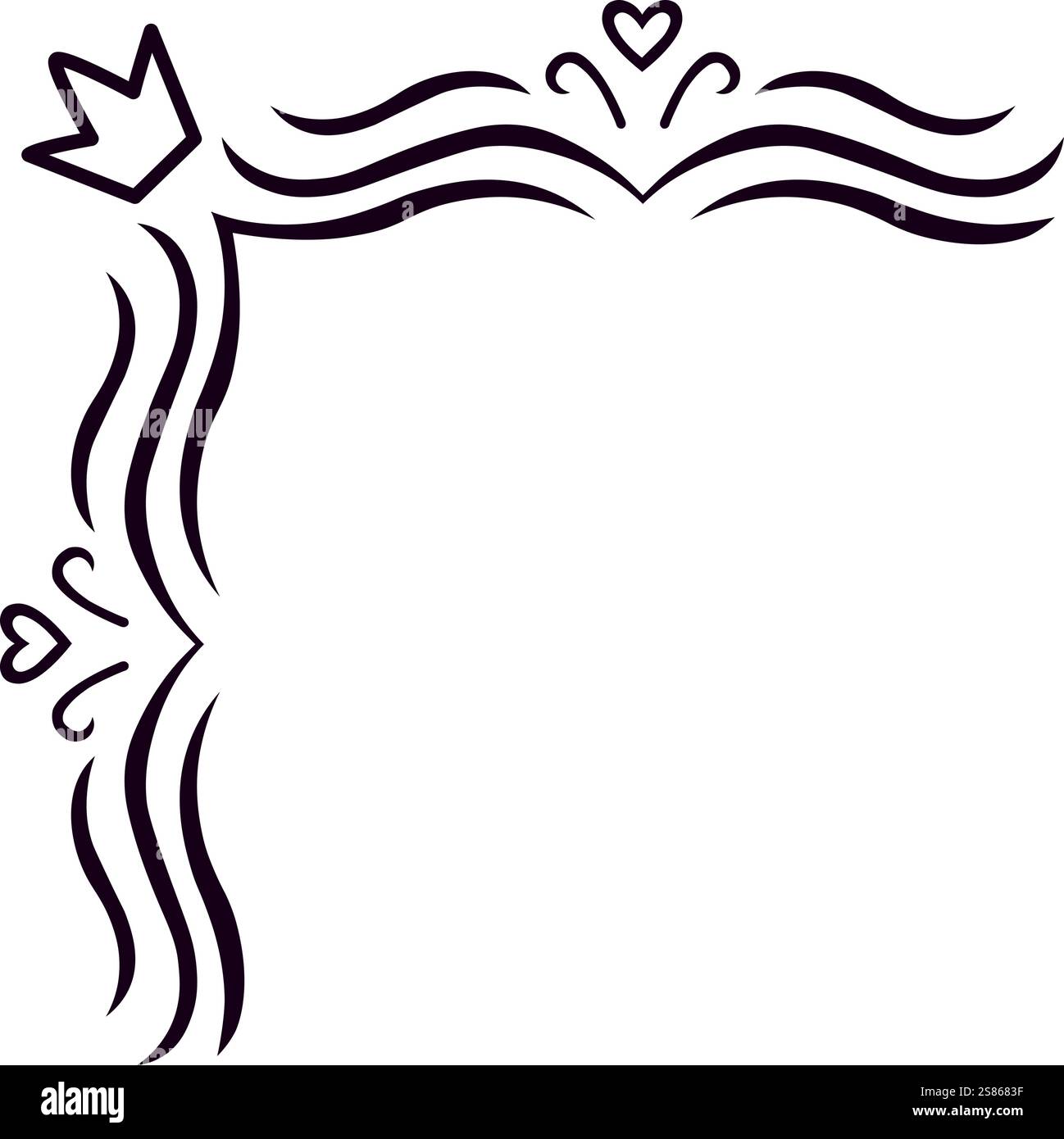 Cadre d'angle dessiné à la main avec une couronne, des coeurs et des motifs de vagues, offrant un espace élégant et personnalisable pour le texte ou les éléments de conception Illustration de Vecteur