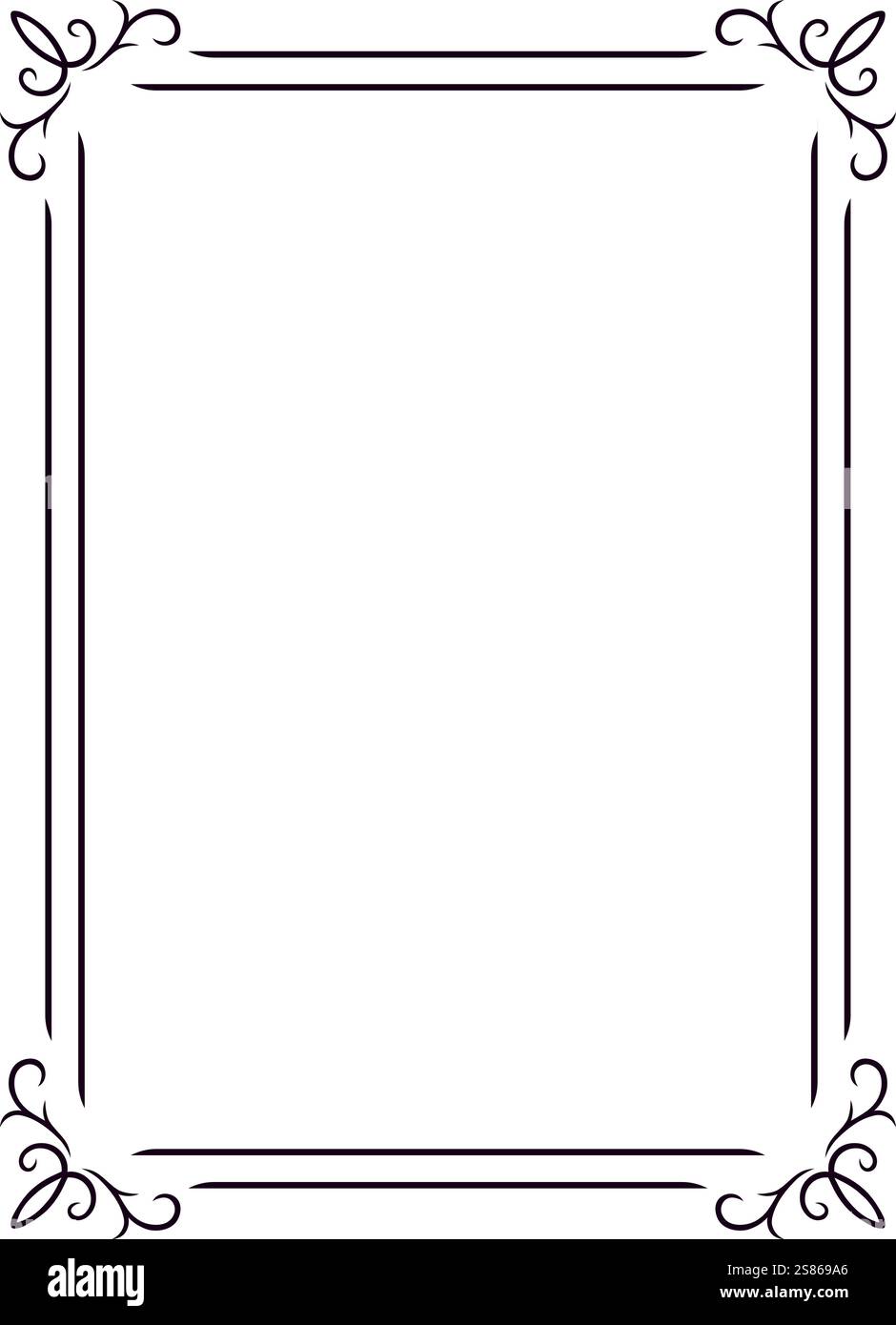Élégante bordure rectangulaire noire avec coins floraux améliore un fond blanc, créant un espace de copie suffisant pour le texte ou les images, parfait pour Illustration de Vecteur
