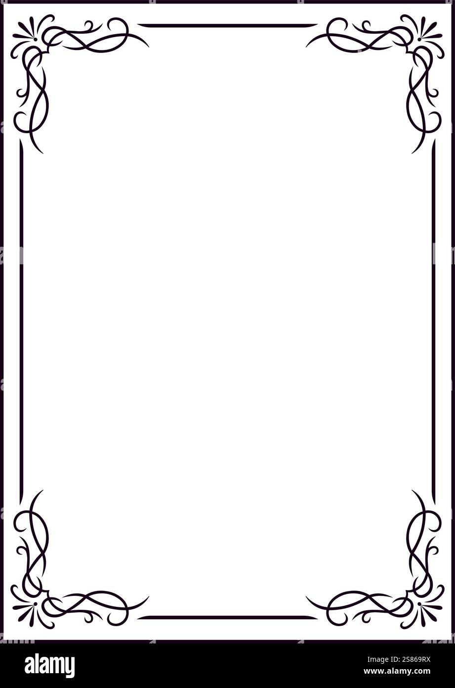 Cadre rectangulaire orné d'élégants tourbillons floraux dans chaque coin, ajoutant une touche sophistiquée parfaite pour les invitations, les certificats, ou artistique Illustration de Vecteur