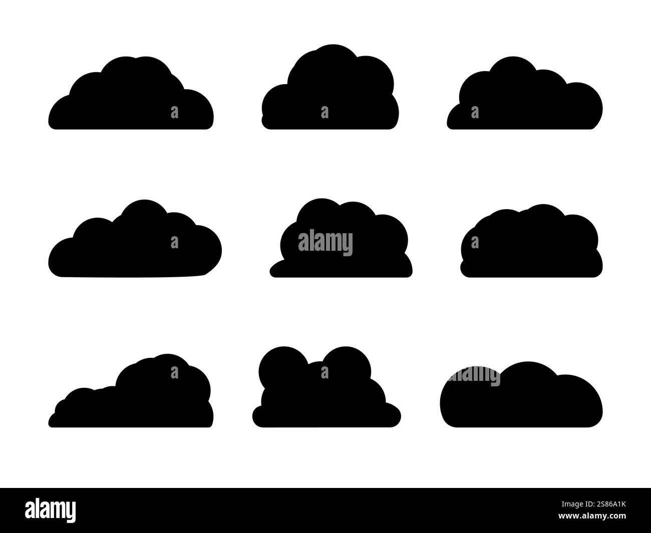 Ensemble de motifs nuages de couleur noire. Les nuages sont riches en texture, avec des couches de noirs profonds et de gris fumés icône de nuage, forme de nuage Design pour logo, web. Illustration de Vecteur