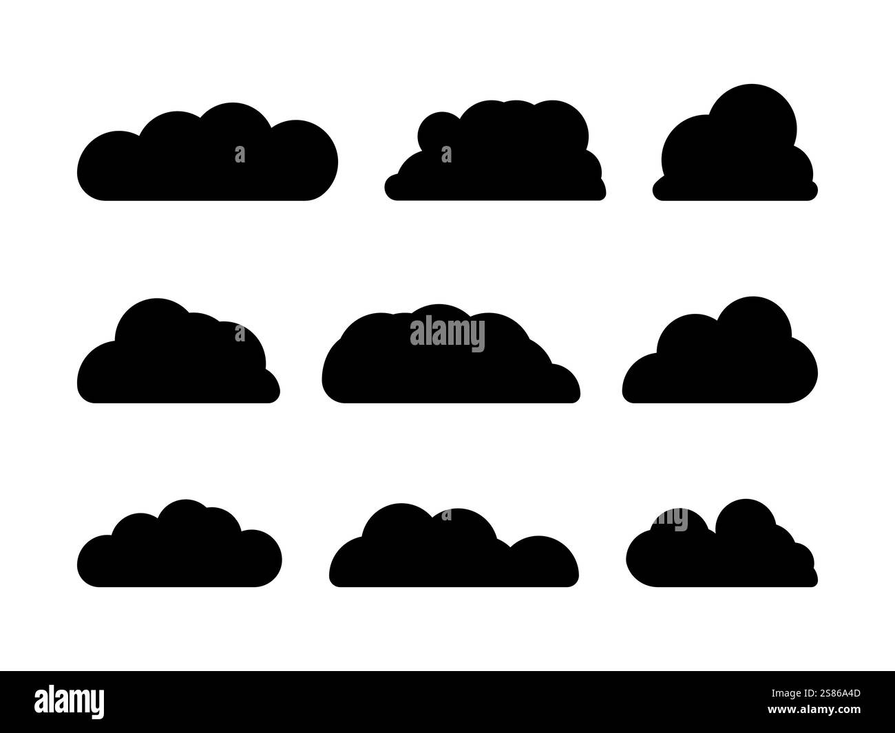 Ensemble de motifs nuages de couleur noire. Les nuages sont riches en texture, avec des couches de noirs profonds et de gris fumés icône de nuage, forme de nuage Design pour logo, web. Illustration de Vecteur