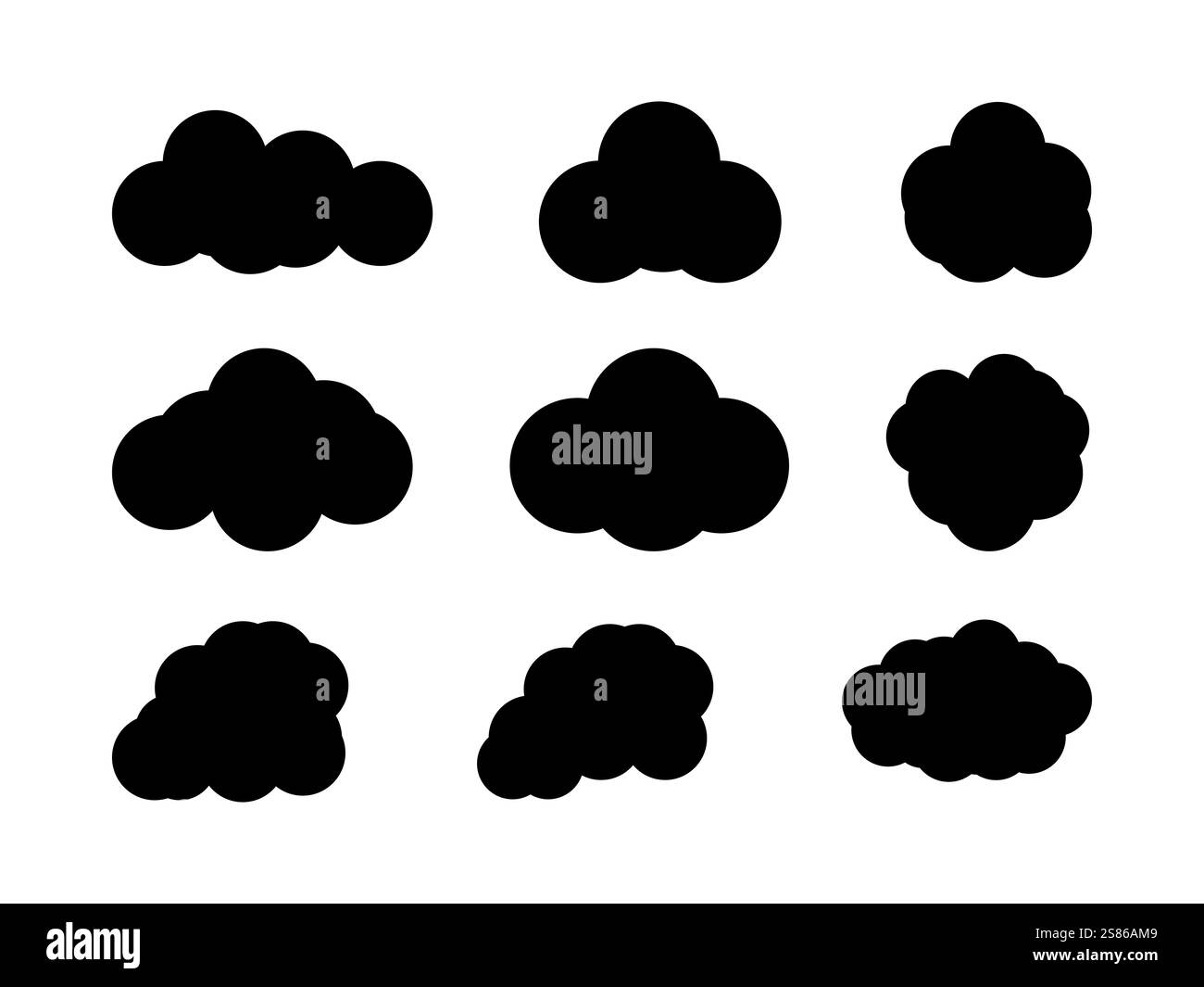 Ensemble de motifs nuages de couleur noire. Les nuages sont riches en texture, avec des couches de noirs profonds et de gris fumés icône de nuage, forme de nuage Design pour logo, web. Illustration de Vecteur