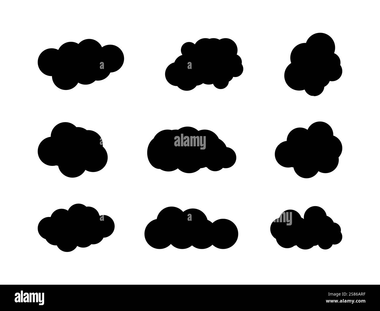 Ensemble de motifs nuages de couleur noire. Les nuages sont riches en texture, avec des couches de noirs profonds et de gris fumés icône de nuage, forme de nuage Design pour logo, web. Illustration de Vecteur