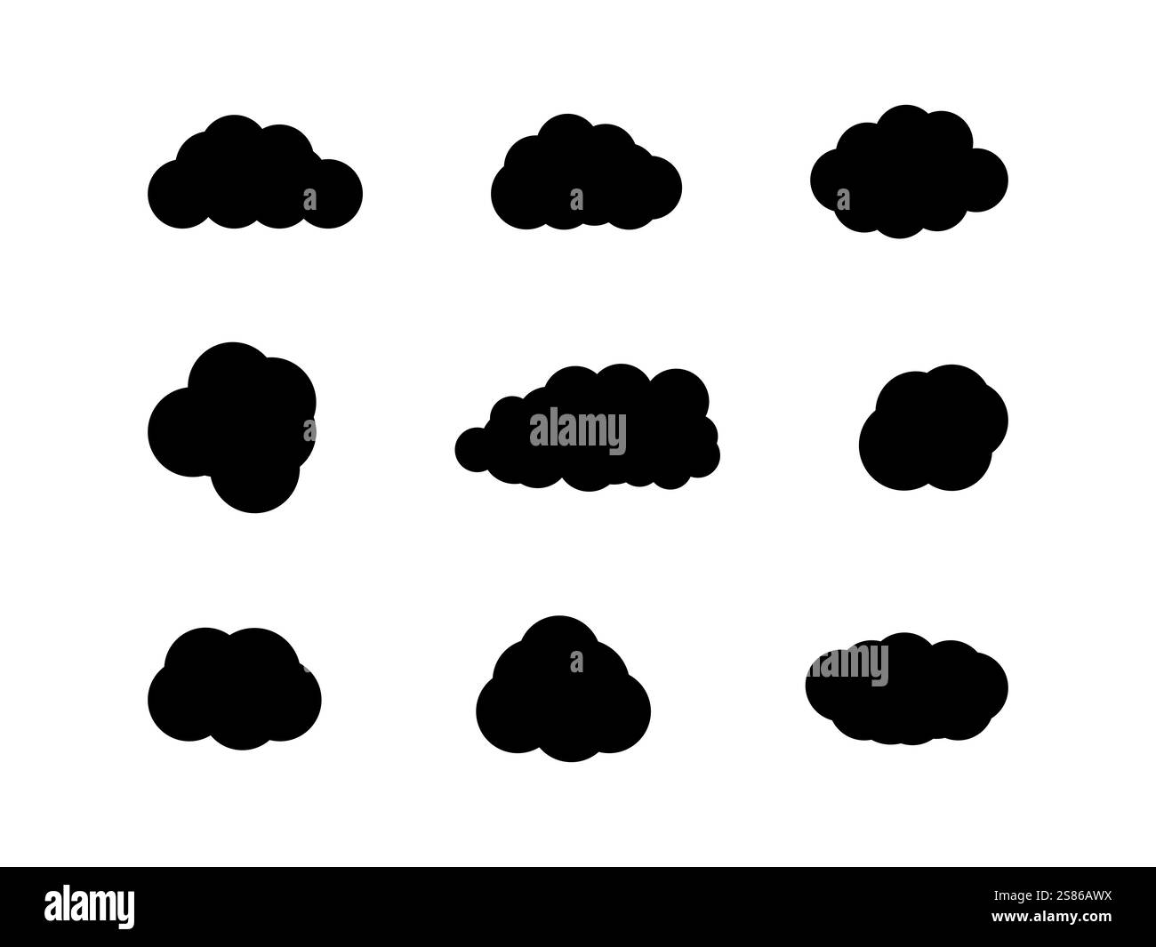 Ensemble de motifs nuages de couleur noire. Les nuages sont riches en texture, avec des couches de noirs profonds et de gris fumés icône de nuage, forme de nuage Design pour logo, web. Illustration de Vecteur