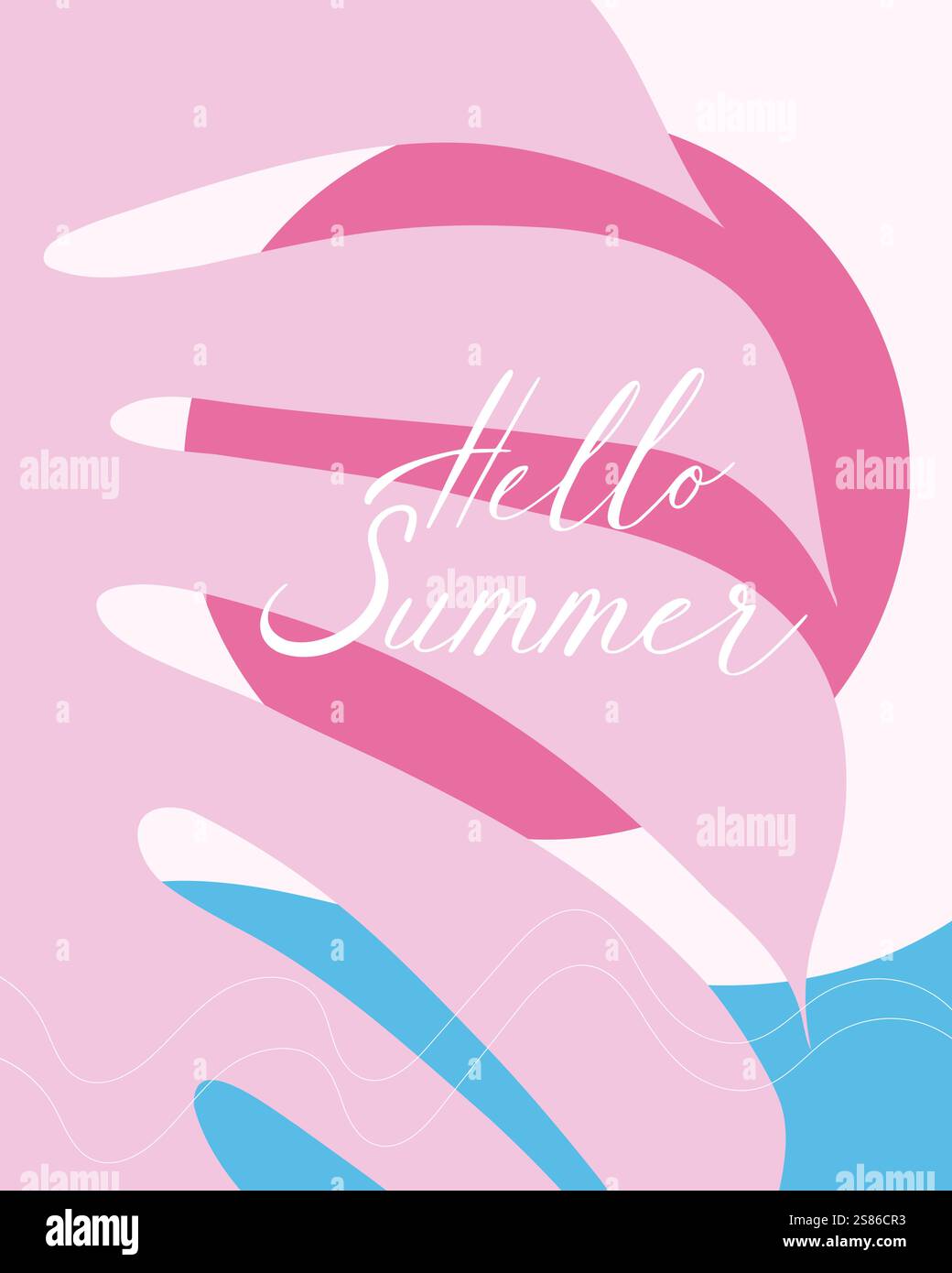 Affiche verticale rose Hello Summer avec soleil, feuille de palmier et mer, flyer de carte en couleurs bleu rose style boho. Illustration vectorielle Illustration de Vecteur