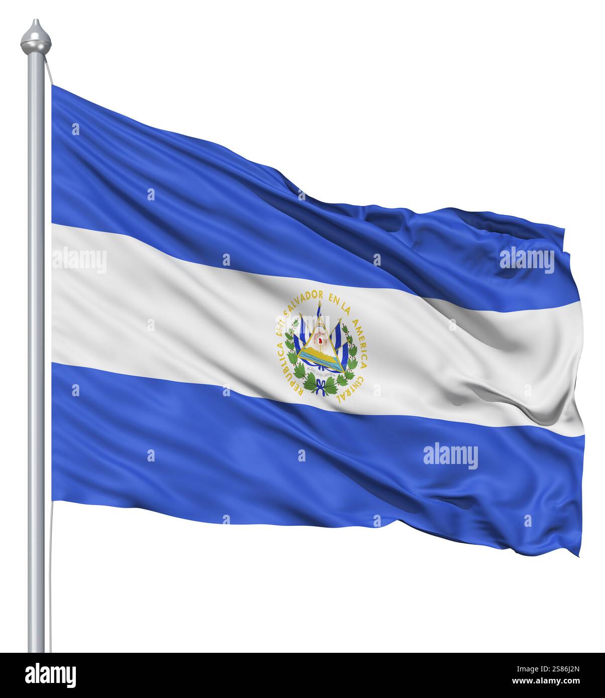 Pavillon d'El Salvador, avec mât de forme dans le vent contre fond blanc Banque D'Images