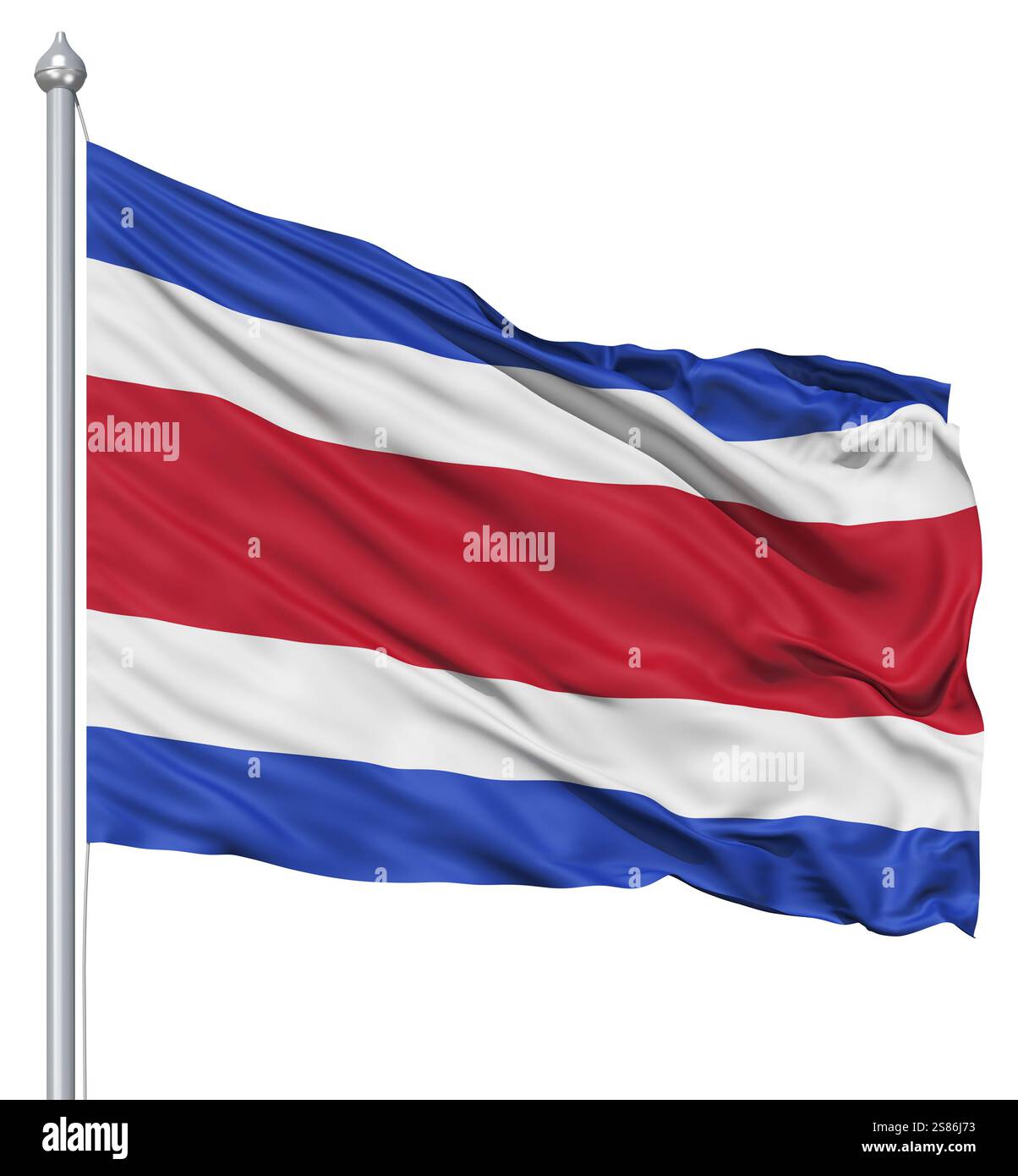 Pavillon de Costa Rica avec mât de forme dans le vent contre fond blanc Banque D'Images