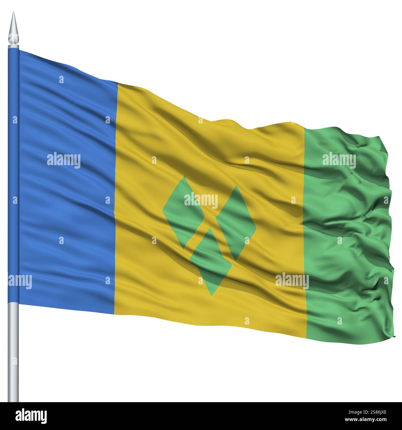 Saint Vincent et Grenadines drapeau sur mât, voler dans le vent, isolé sur fond blanc Banque D'Images