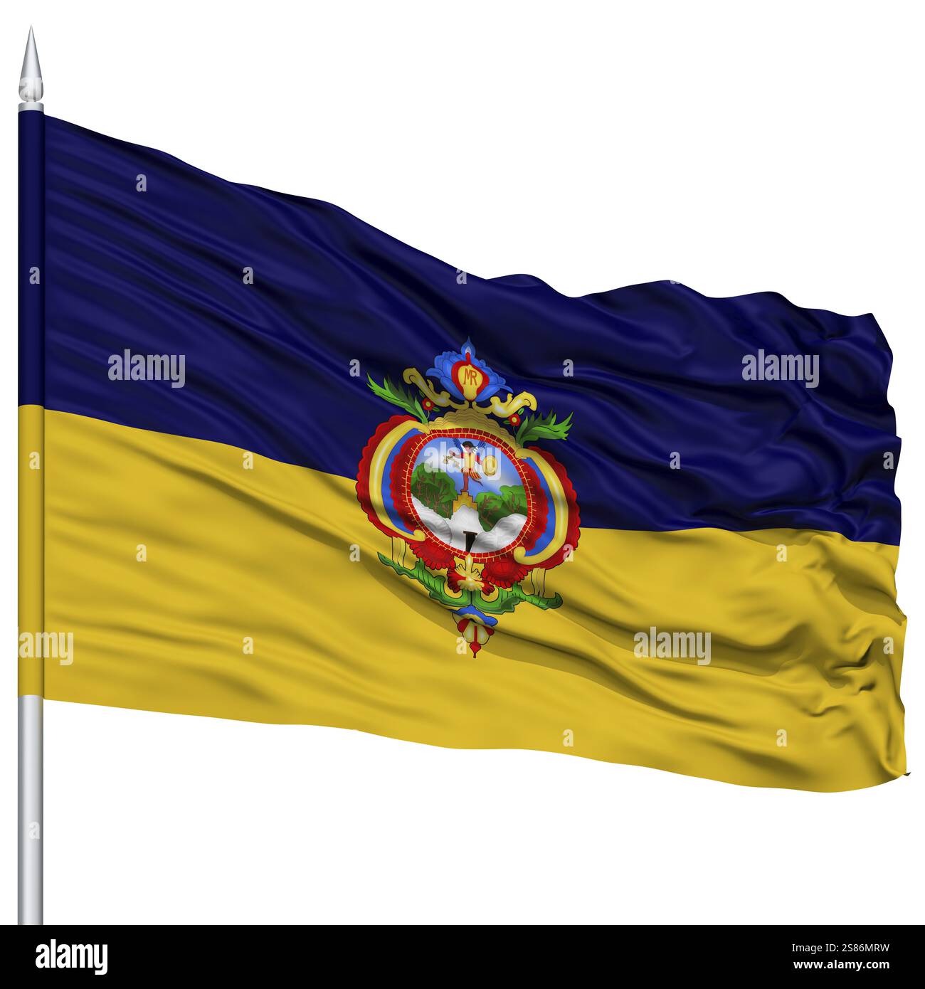 La ville de Tegucigalpa drapeau sur mât, capitale du Honduras, volant dans le vent, isolé sur fond blanc Banque D'Images