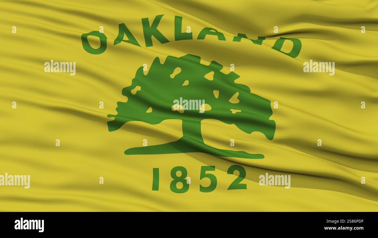 Gros plan du drapeau de la ville d'Oakland, agitant au vent, État de Californie, États-Unis d'Amérique Banque D'Images