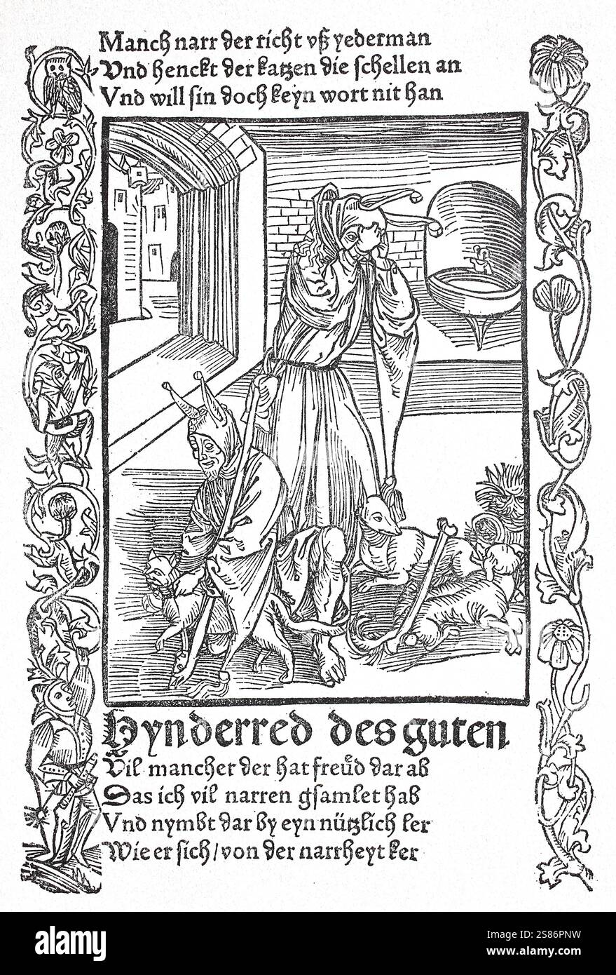 DAS Narrenschiff von Sebastian Brant, 1494, spätmittelalterliche Moralsatire. Gute Absichten verleumden, getroffene Hunde bellen, Historisch, digital restaurierte Reproduktion von einer Vorlage aus dem 19. Jahrhundert Banque D'Images