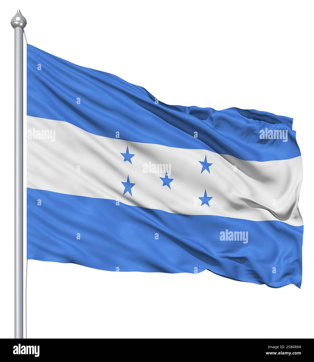 Pavillon du Honduras avec mât de forme dans le vent contre fond blanc Banque D'Images