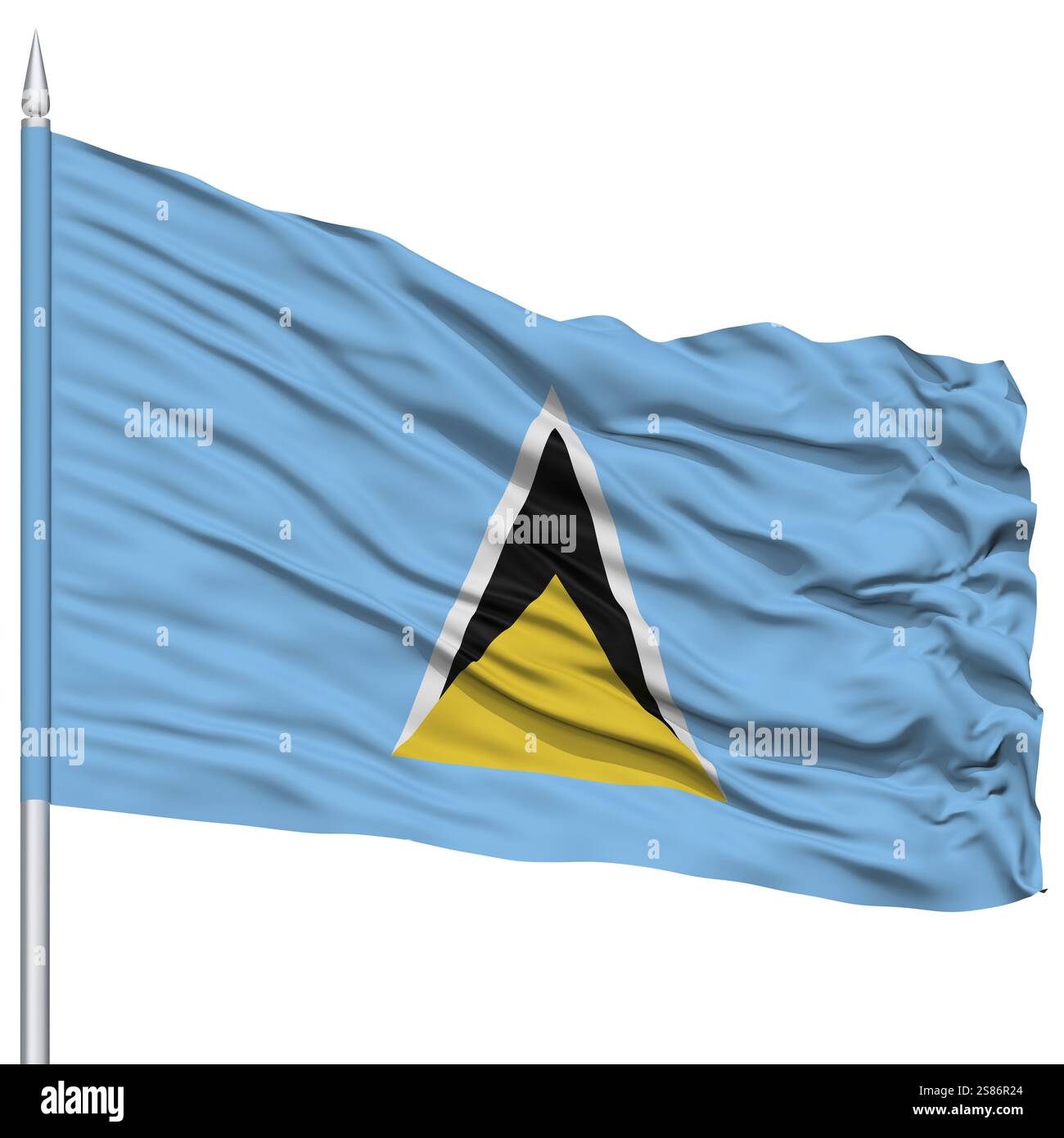 Drapeau de Sainte-Lucie sur mât de drapeau, voler dans le vent, isolé sur fond blanc Banque D'Images