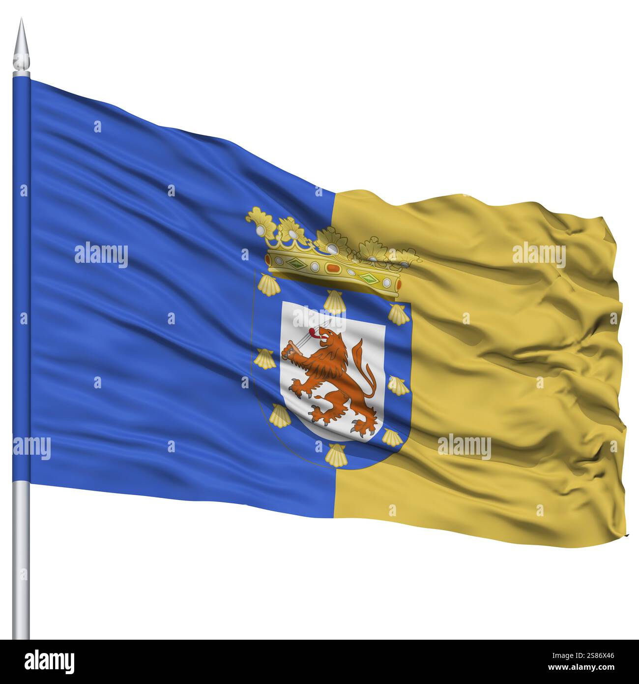 Ville de Santiago drapeau sur mât, capitale du Chili, volant dans le vent, isolé sur fond blanc Banque D'Images