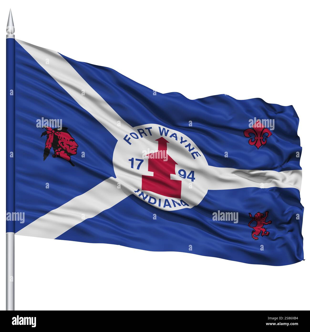 Fort Wayne Ville drapeau sur mât, Indiana State, volant dans le vent, isolé sur fond blanc Banque D'Images