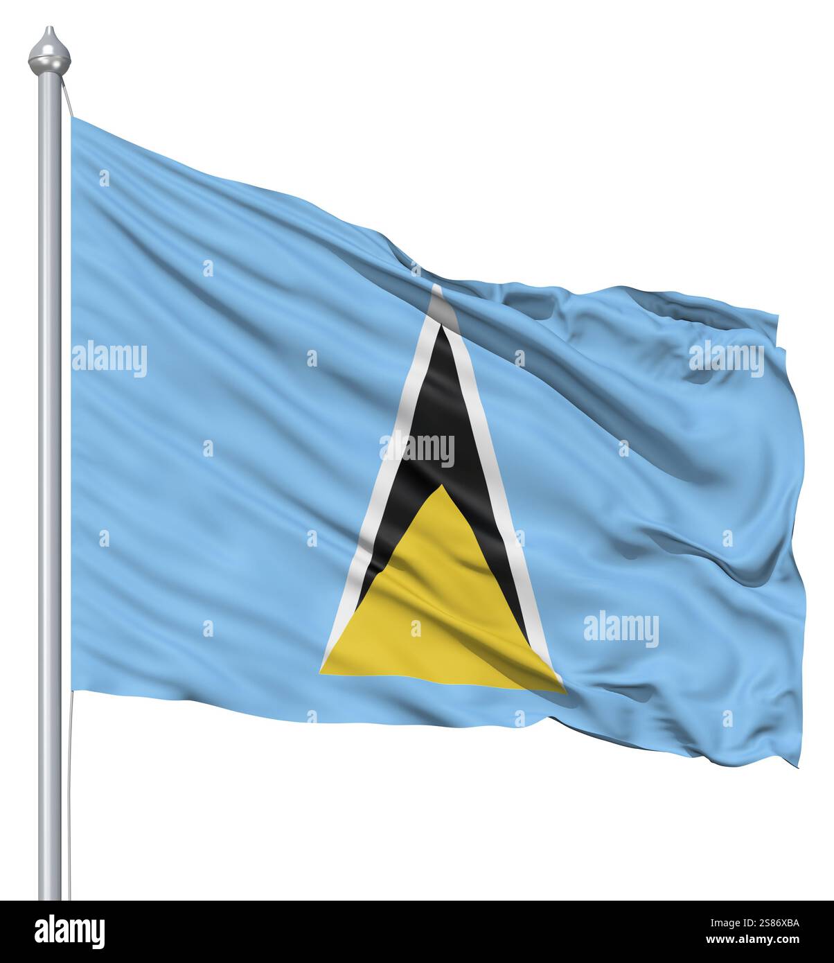 Pavillon de Saint Lucia avec mât de forme dans le vent contre fond blanc Banque D'Images