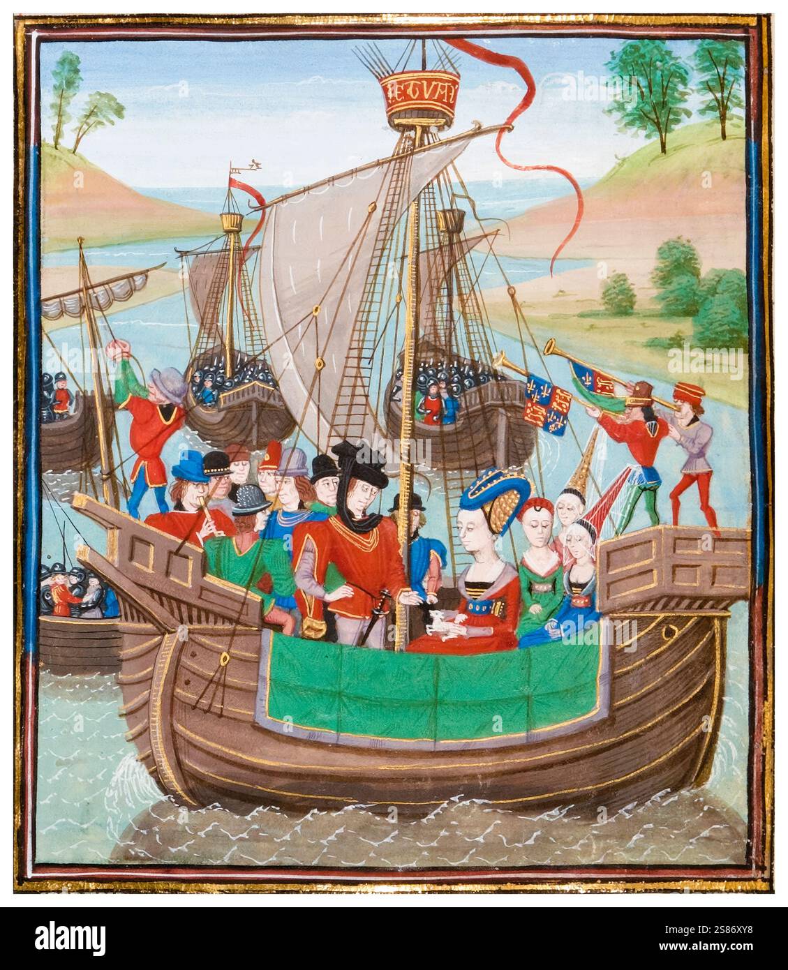 Isabelle de France (1295-1358), reine d'Angleterre, épouse du roi Édouard II, revient en Angleterre en 1326, peinture miniature manuscrite enluminée de Loyset Liédet, 1401-1499 Banque D'Images