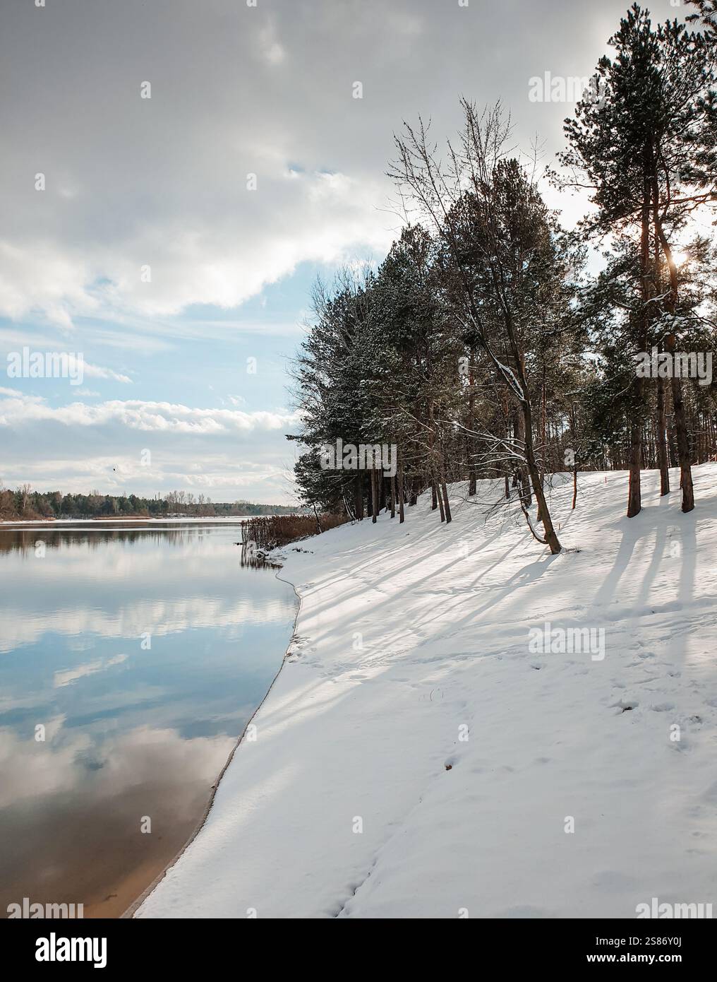 Rive de la rivière par une journée ensoleillée d'hiver. Paysage d'hiver avec le soleil brille à travers la forêt de pins et le ciel nuageux. Banque D'Images