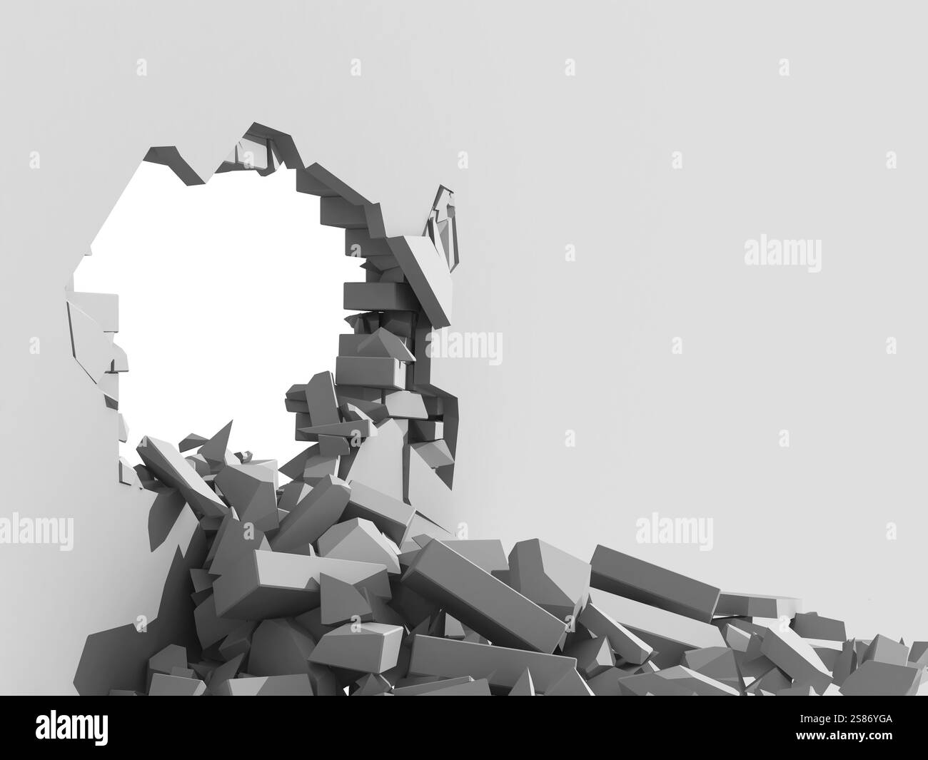 illustration 3d d'un mur de béton en ruine et d'un grand trou avec un espace de copie blanc derrière Banque D'Images