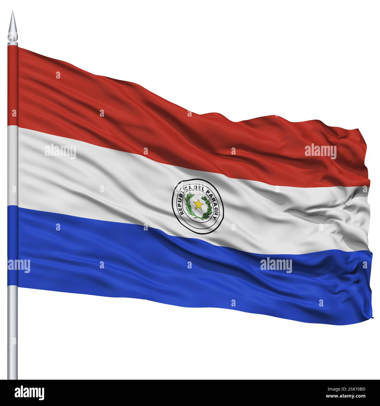 Paraguay drapeau sur mât de drapeau, voler dans le vent, isolé sur fond blanc Banque D'Images