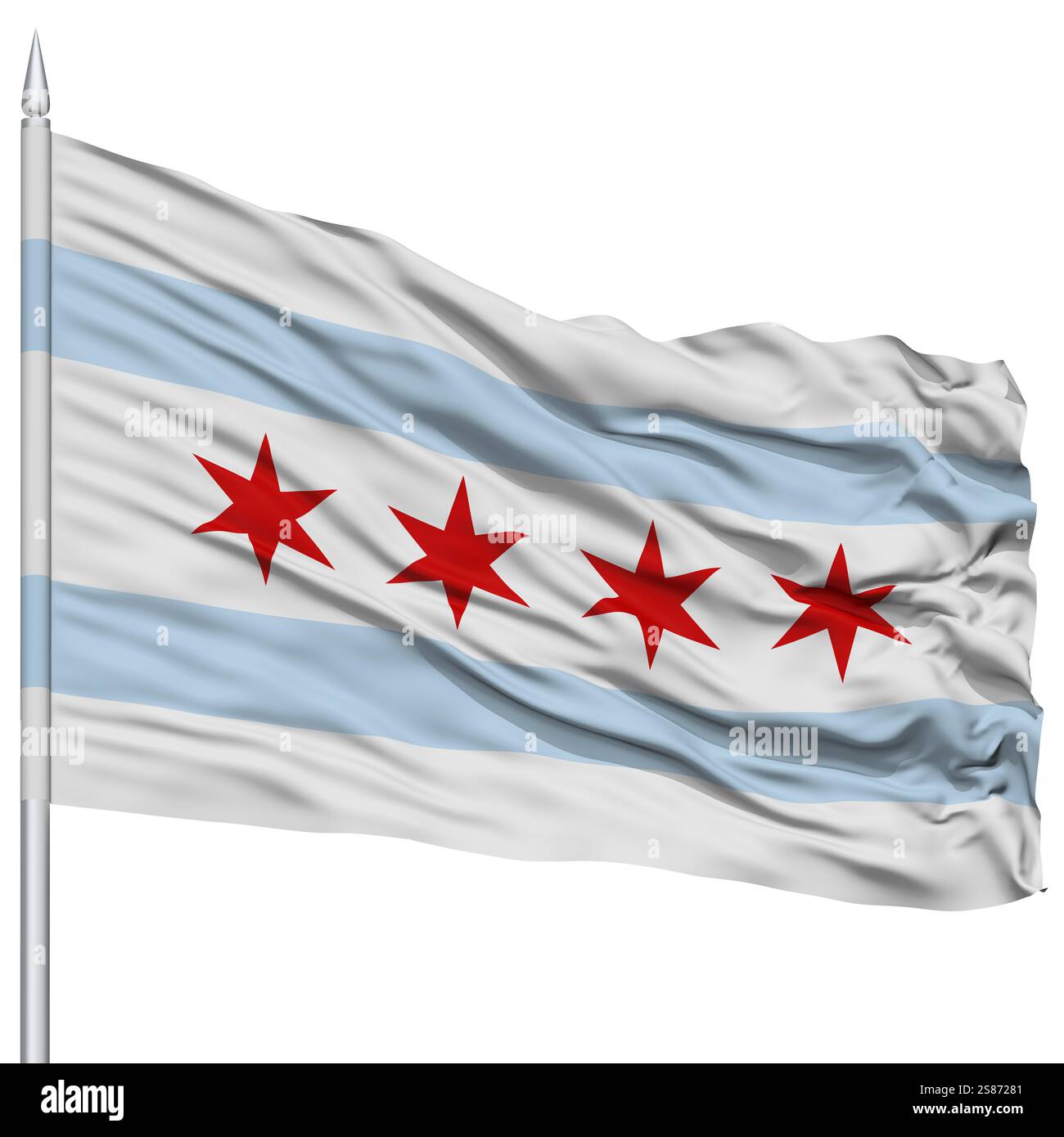 Chicago Ville drapeau sur mât, Illinois State, volant dans le vent, isolé sur fond blanc Banque D'Images