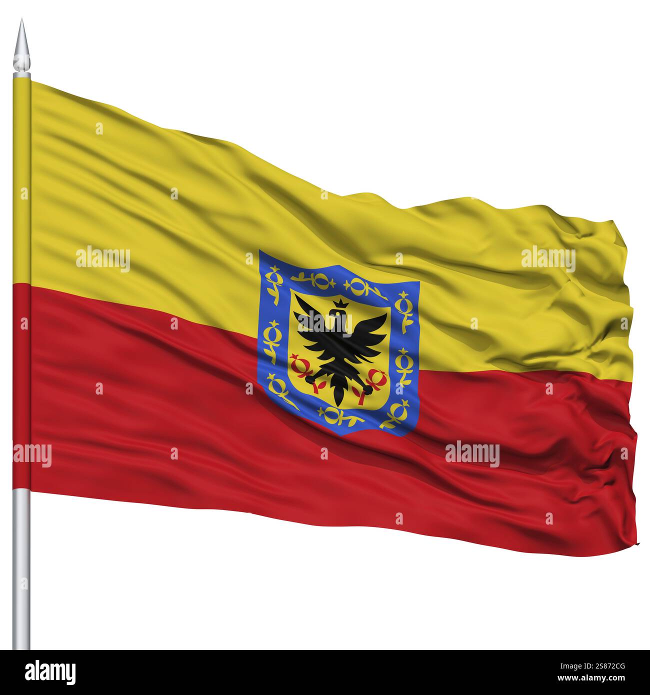 Bogota City drapeau sur mât, Capitale de la Colombie, volant dans le vent, isolé sur fond blanc Banque D'Images
