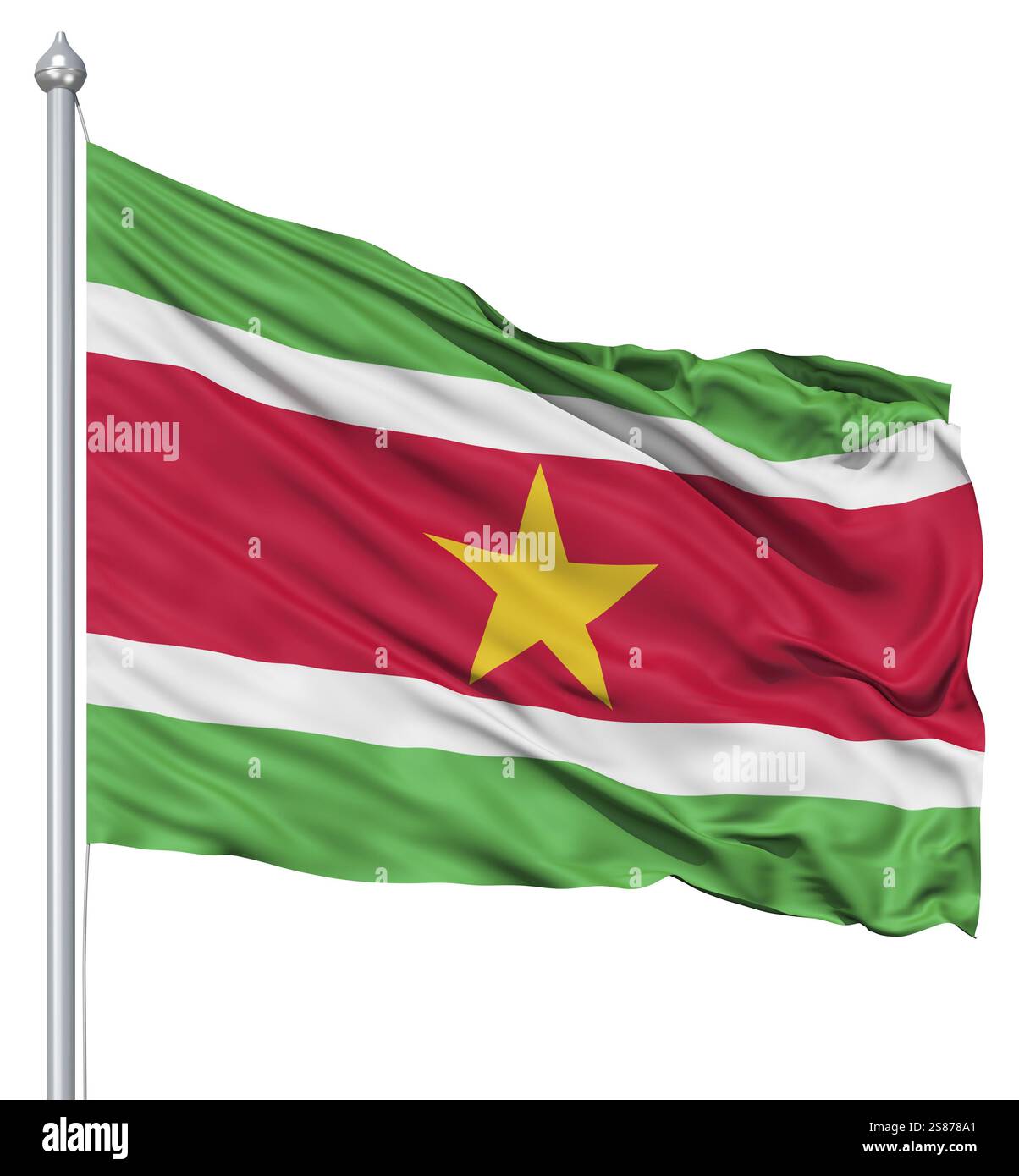 Pavillon du Suriname avec mât de forme dans le vent contre fond blanc Banque D'Images