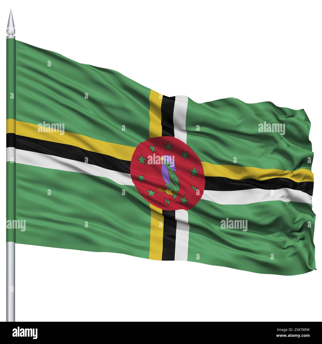 Drapeau de la Dominique sur mât de drapeau, voler dans le vent, isolé sur fond blanc Banque D'Images