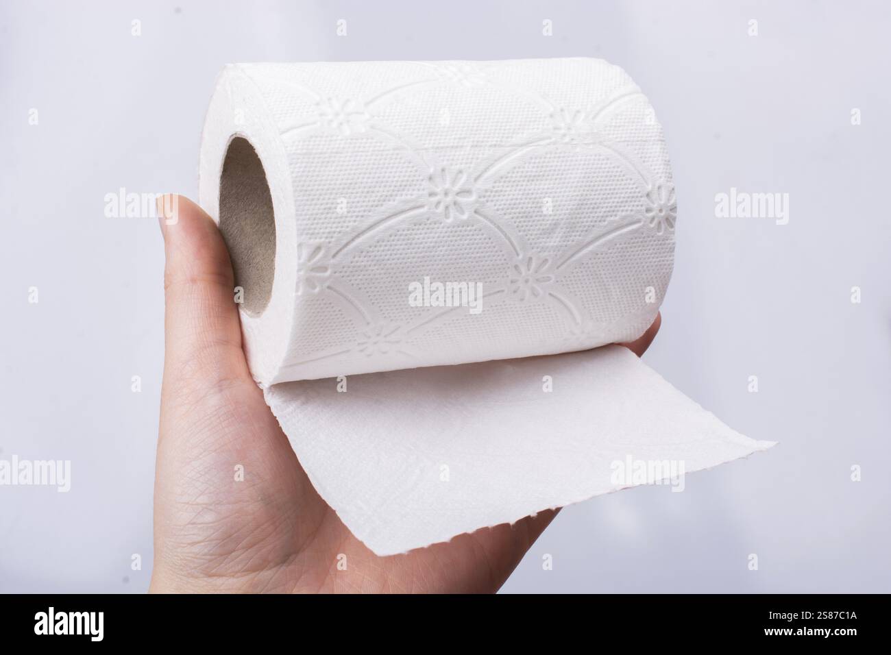 Une main féminine prend un rouleau de papier toilette blanc à la main Banque D'Images