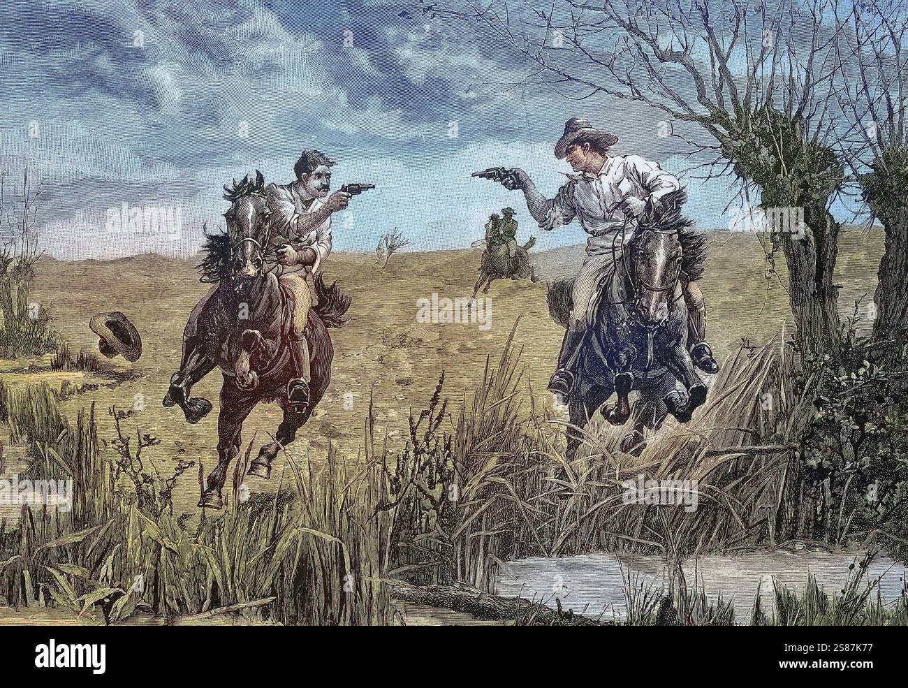 Duel des cow-boys américains aux pistolets du cheval / Amerikanische Cowboys duellieren sich mit Pistolen vom Pferd aus, historique, numérique reproduction améliorée d'un original du XIXe siècle / digitale Reproduktion einer Originalvorlage aus dem 19. Jahrhundert, Originaldatum nicht bekannt, CA 1880 Banque D'Images