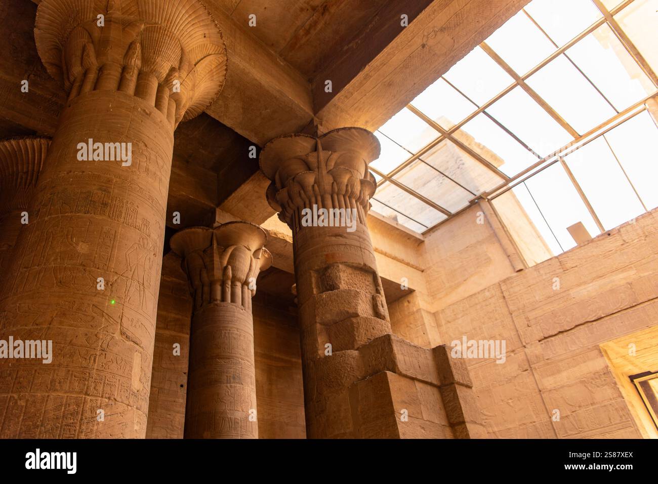 Assouan, Egypte ; 18 janvier 2024 : Découvrez les colonnes de Philae, dans le temple d'Isis, Assouan (Egypte). Ces colonnes joliment décorées sont un highli Banque D'Images