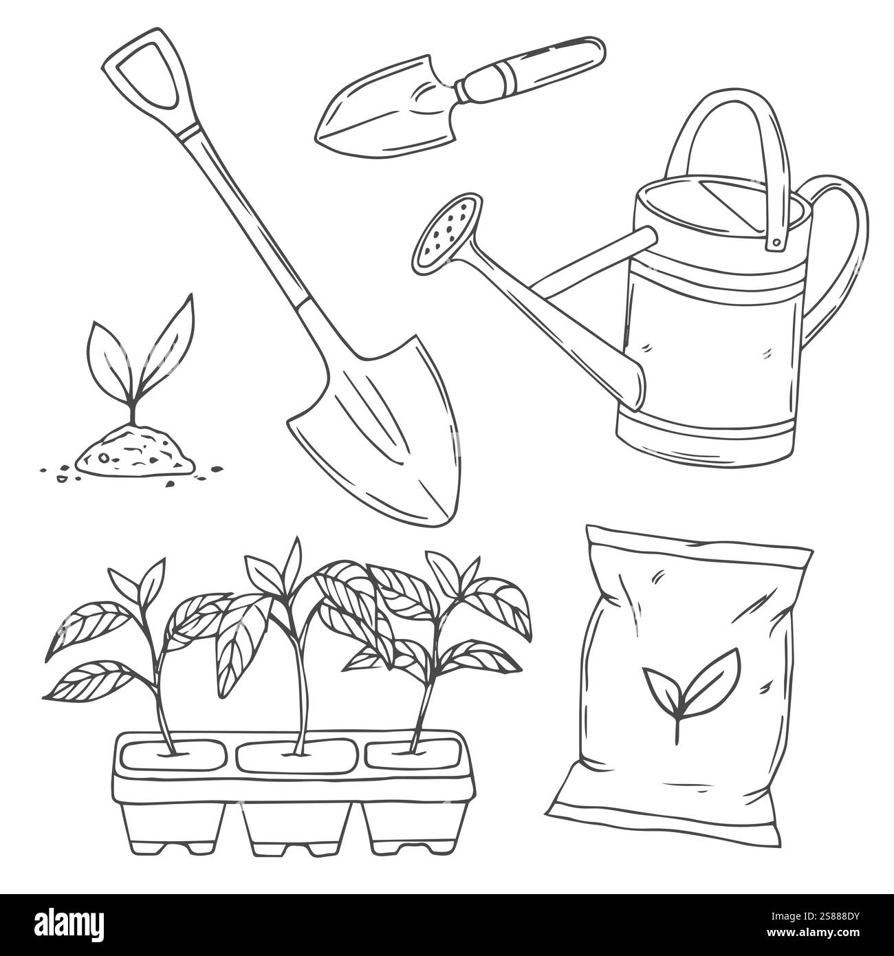 Vector Set avec des doodles isolés dessinés à la main sur le thème du jardin, des outils de jardin, de l'agriculture, de l'équipement, de la récolte. Symboles de jardinage sur le dos blanc Illustration de Vecteur