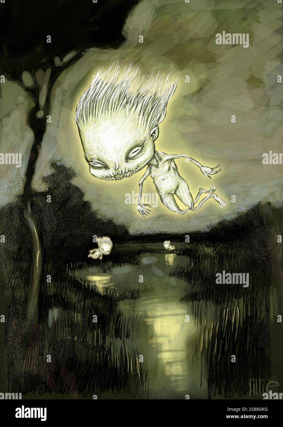 Art will o the wisp, will-o'-wisp, ignis fatuus ('flamme folle') dit être des lumières fantômes, des esprits élémentaires, des lumières de fées, dit tromper les voyageurs Banque D'Images